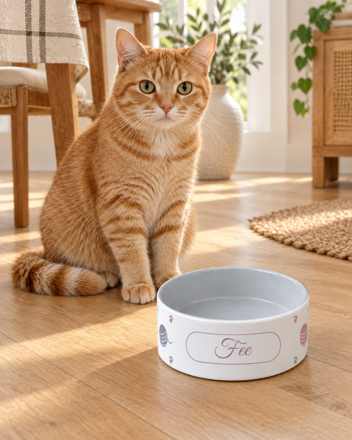 Weißer Katzennapf mit Wollknäueln in Rosé und Namen Fee, eine rote Tigerkatze sitzt im Wohnzimmer neben ihrem Napf