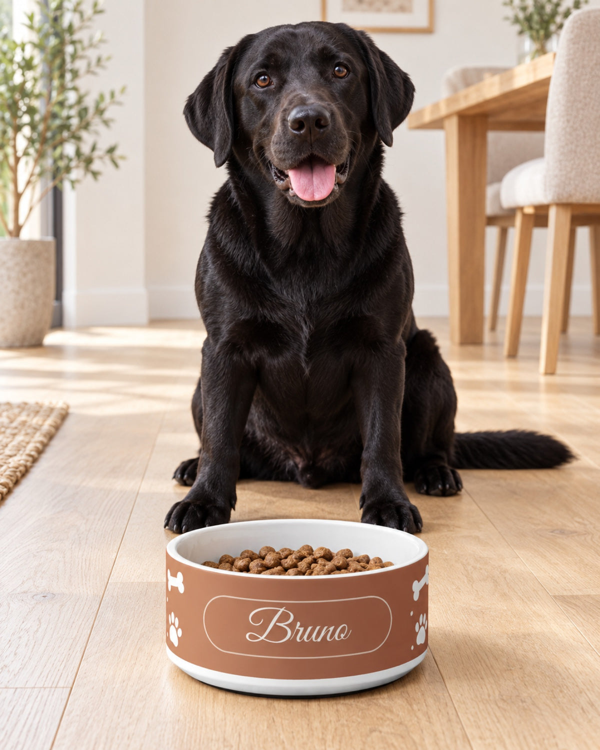 Hundenapf in Terrakotta mit Knochen und Pfoten und Namen Bruno, ein schwarzer Labrador sitzt im Esszimmer vor dem Napf