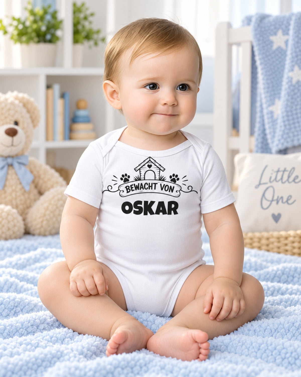 Weißer Babybody mit Aufdruck Bewacht von und dem Namen Oskar, das Baby sitzt auf einer hellblauen Decke im Kinderzimmer