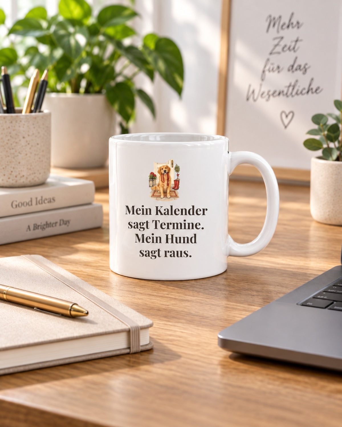 Tasse „Mein Kalender sagt Termine. Mein Hund sagt raus.“ auf dem Schreibtisch im Büro neben Notizbuch und Laptop