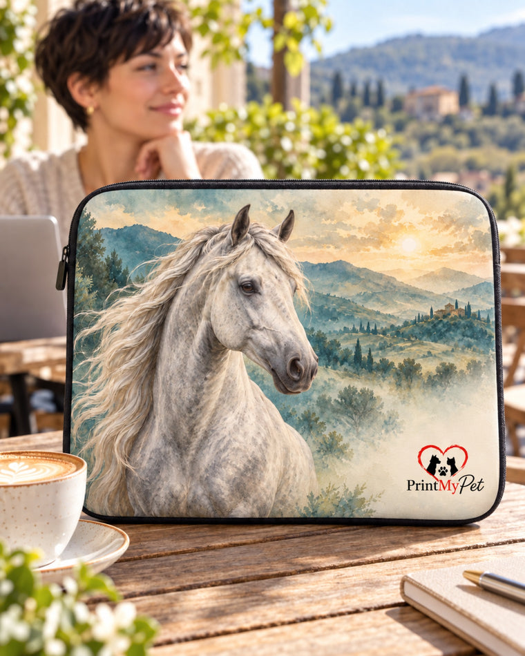 Laptophülle mit Schimmel im Aquarell-Stil auf einem Holztisch im Café
