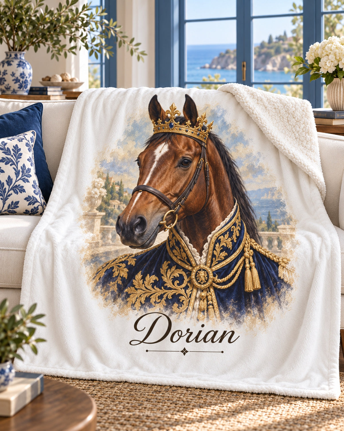 Sherpa-Decke mit Braunem im Royal-Stil und Namen Dorian auf dem Sofa