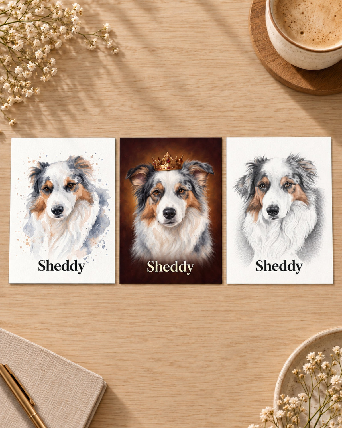 Drei Postkarten mit Australian Shepherd Sheddy in Aquarell, Royal und Sketch flach auf dem Holztisch