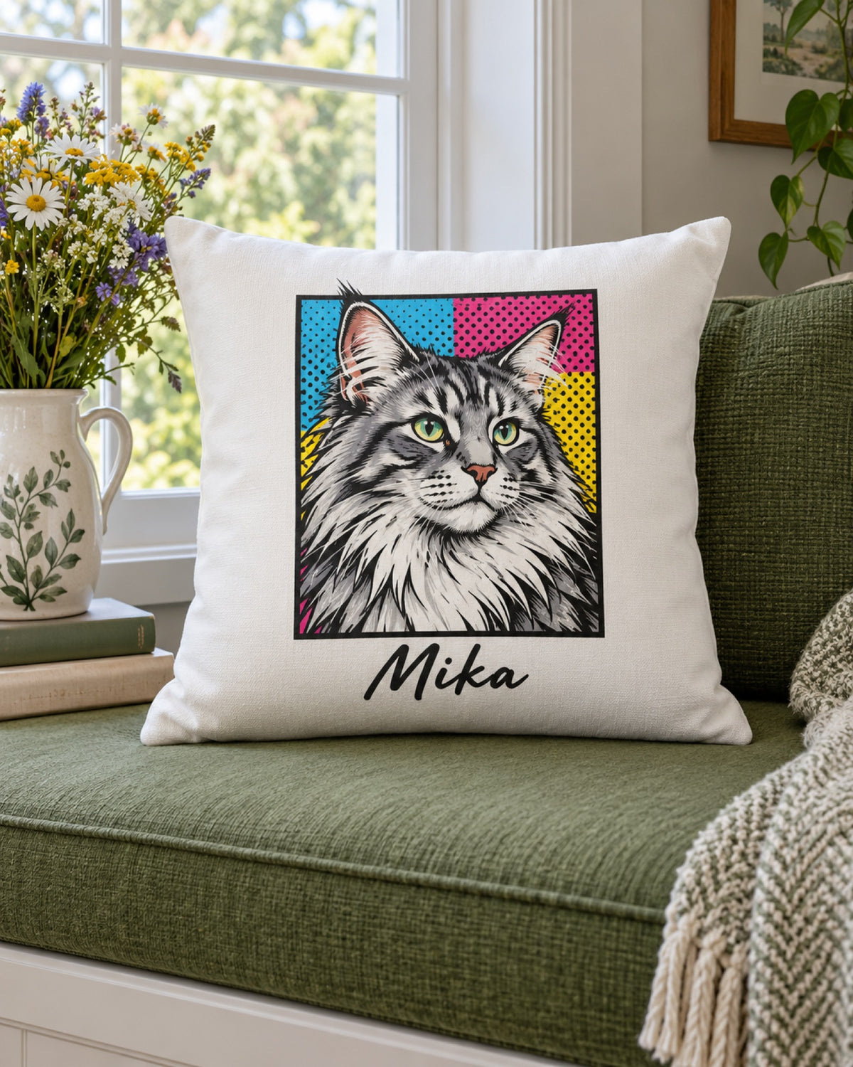 Kissenbezug mit Maine Coon im Pop-Art-Stil und Namen Mika auf der Fensterbank