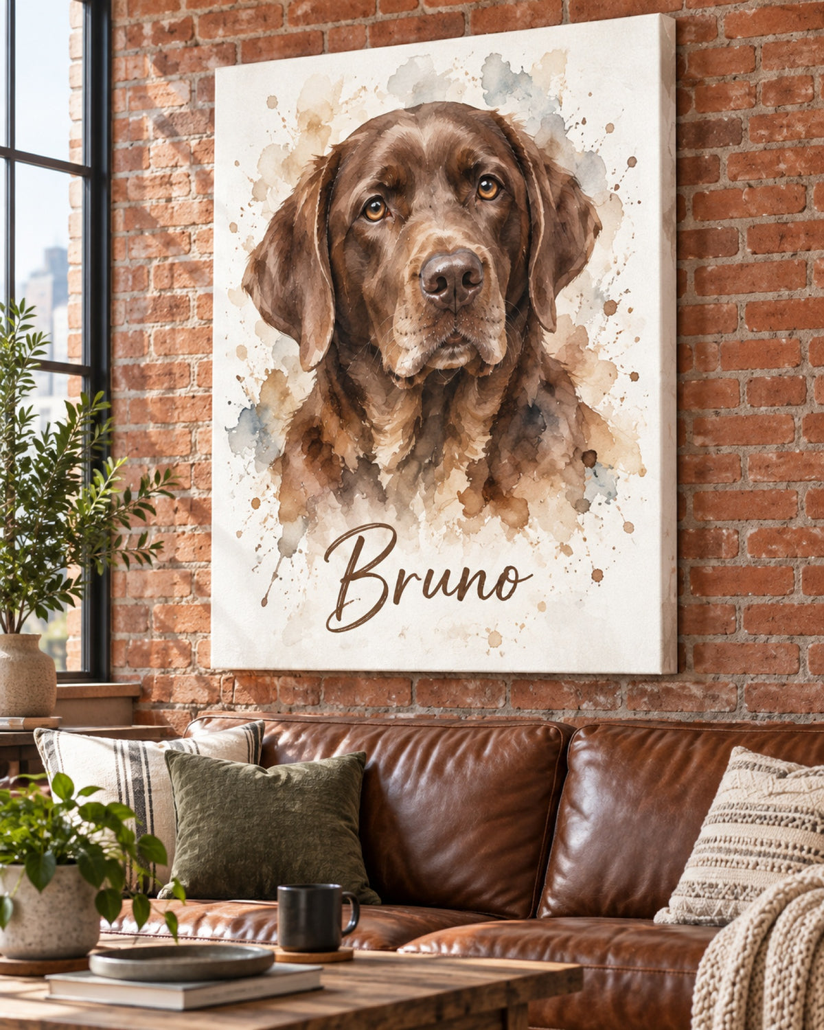 Leinwand mit braunem Labrador als Aquarell und Namen Bruno an der Wohnzimmerwand