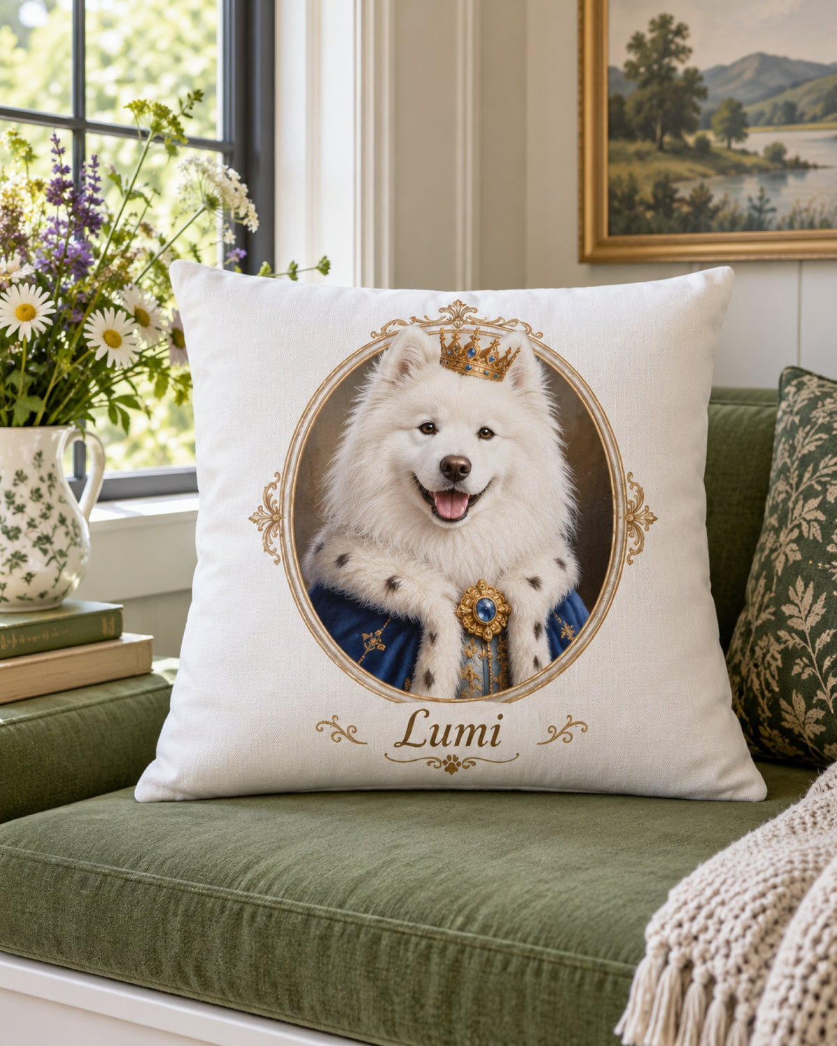 Kissen mit Samojede im Royal-Stil und Namen Lumi auf der Fensterbank