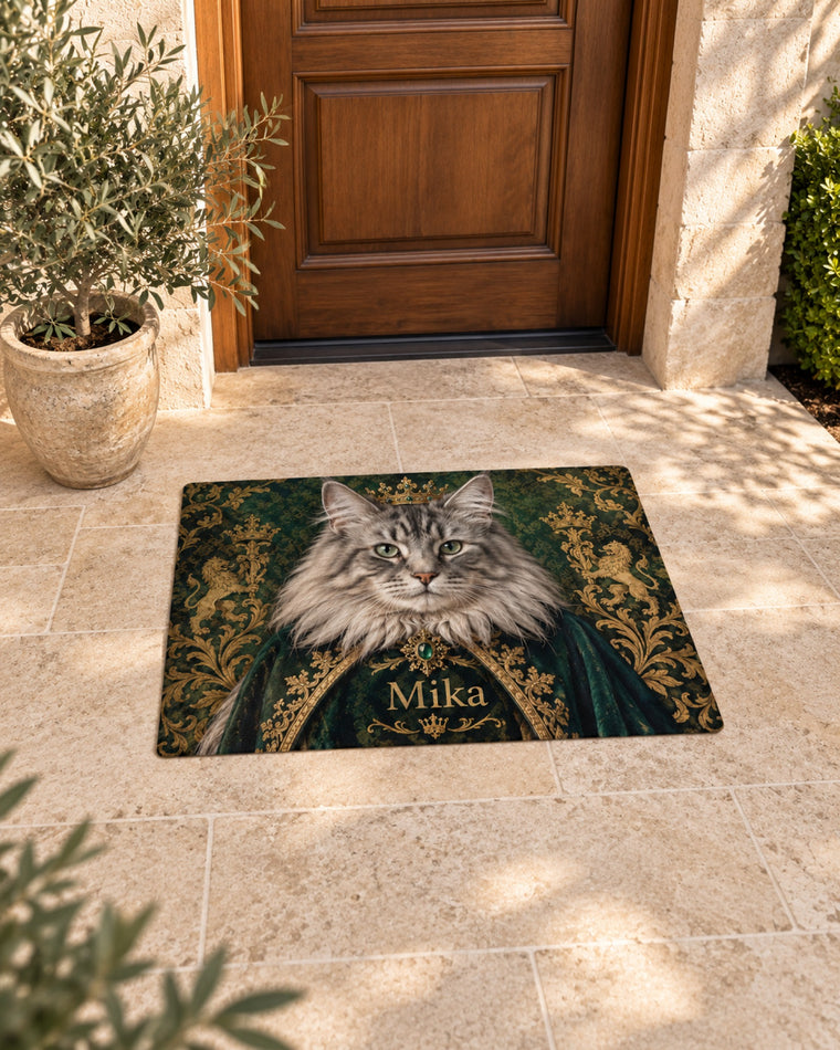 Rechteckige Fußmatte vollflächig bedruckt mit Maine Coon im Royal-Stil und Namen Mika vor der Haustür