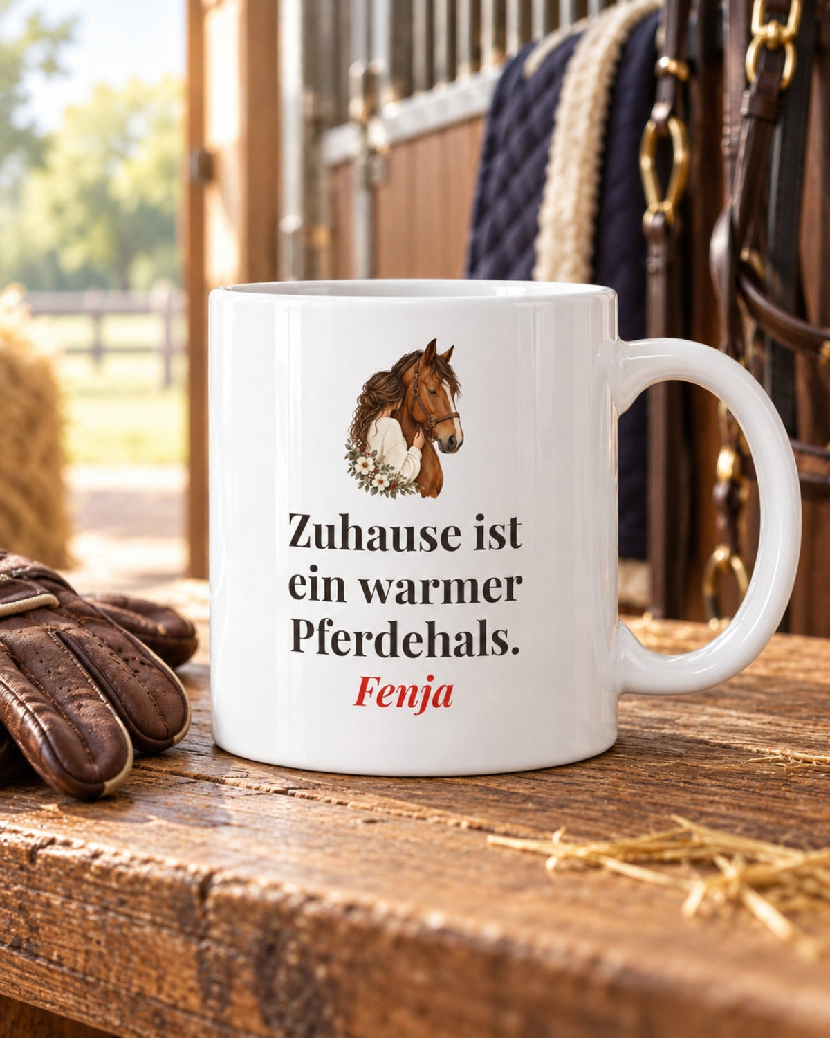 Tasse „Zuhause ist ein warmer Pferdehals.“ mit dem Namen Fenja auf einer Holzbank im Stall neben Reithandschuhen