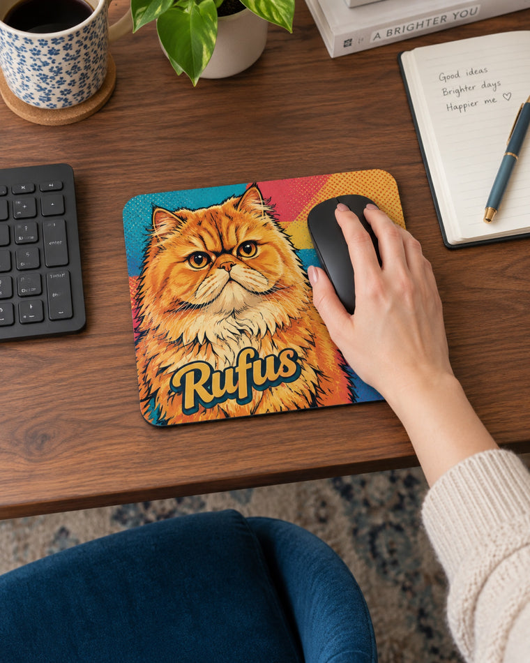 Mauspad mit Perserkatze im Pop-Art-Stil und Namen Rufus vor dem Laptop