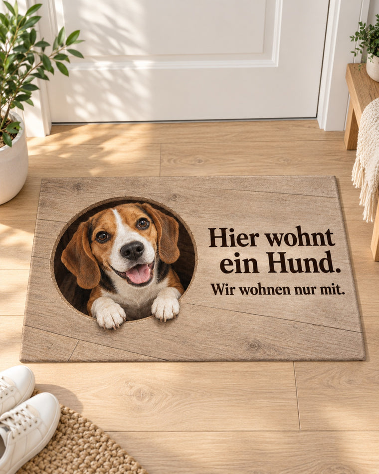 Fußmatte „Hier wohnt ein Hund. Wir wohnen nur mit.“ mit Beagle im hellen Flur vor der Wohnungstür