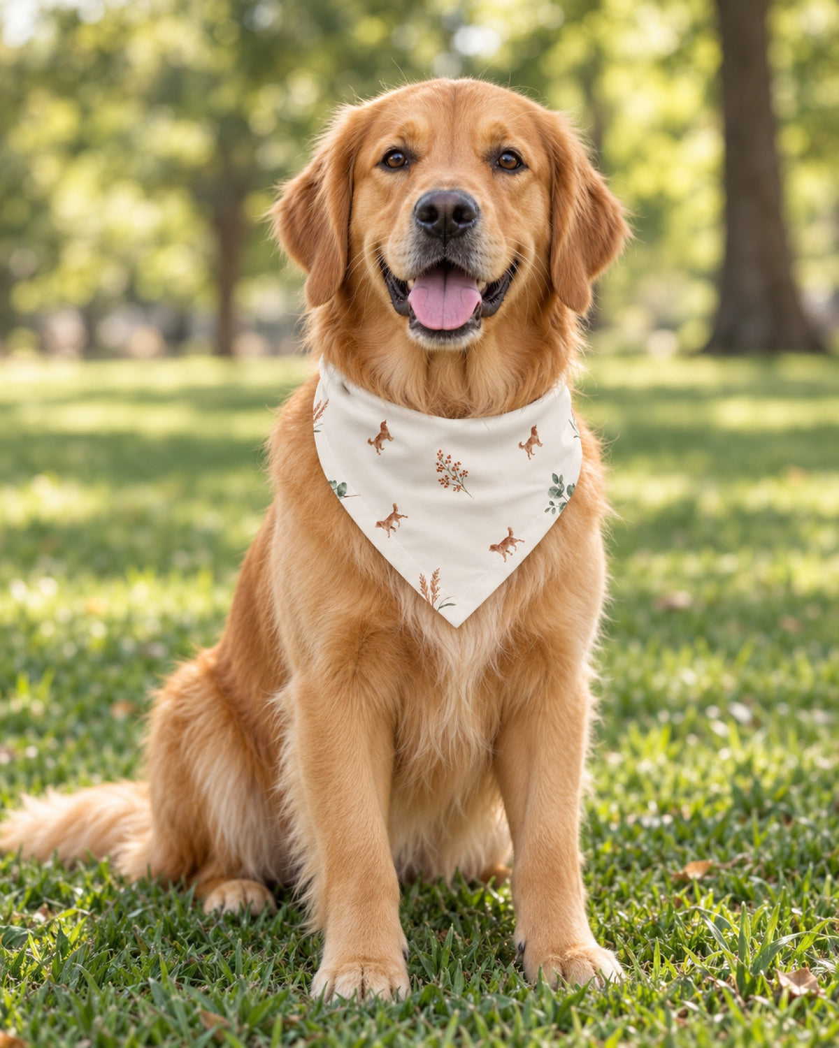 Golden Retriever sitzt im Park auf der Wiese und trägt das cremefarbene Halstuch mit Hunden und Eukalyptus