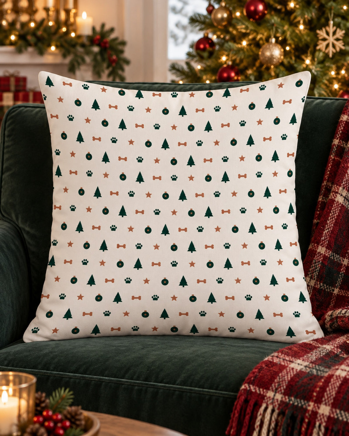 Weihnachtskissen mit Tannen, Pfoten und Knochen auf dem grünen Sofa