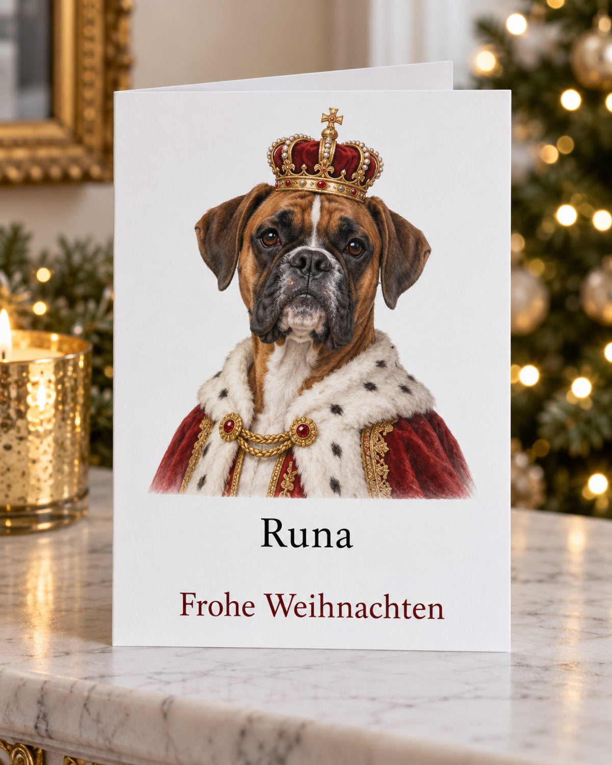 Weihnachtskarte mit Boxer im Royal-Stil und Namen Runa am Kaminsims