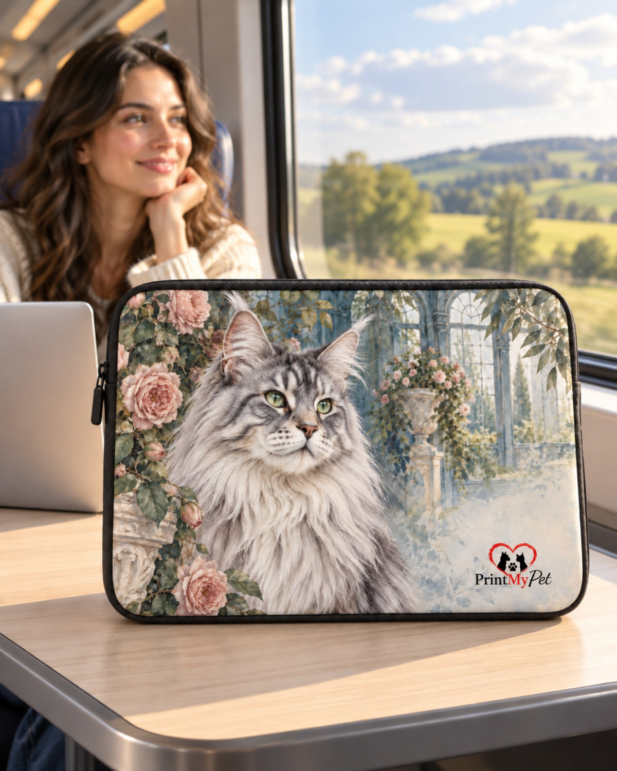 Frau im Zug mit Laptophülle, darauf eine Maine-Coon-Katze im Aquarell-Stil