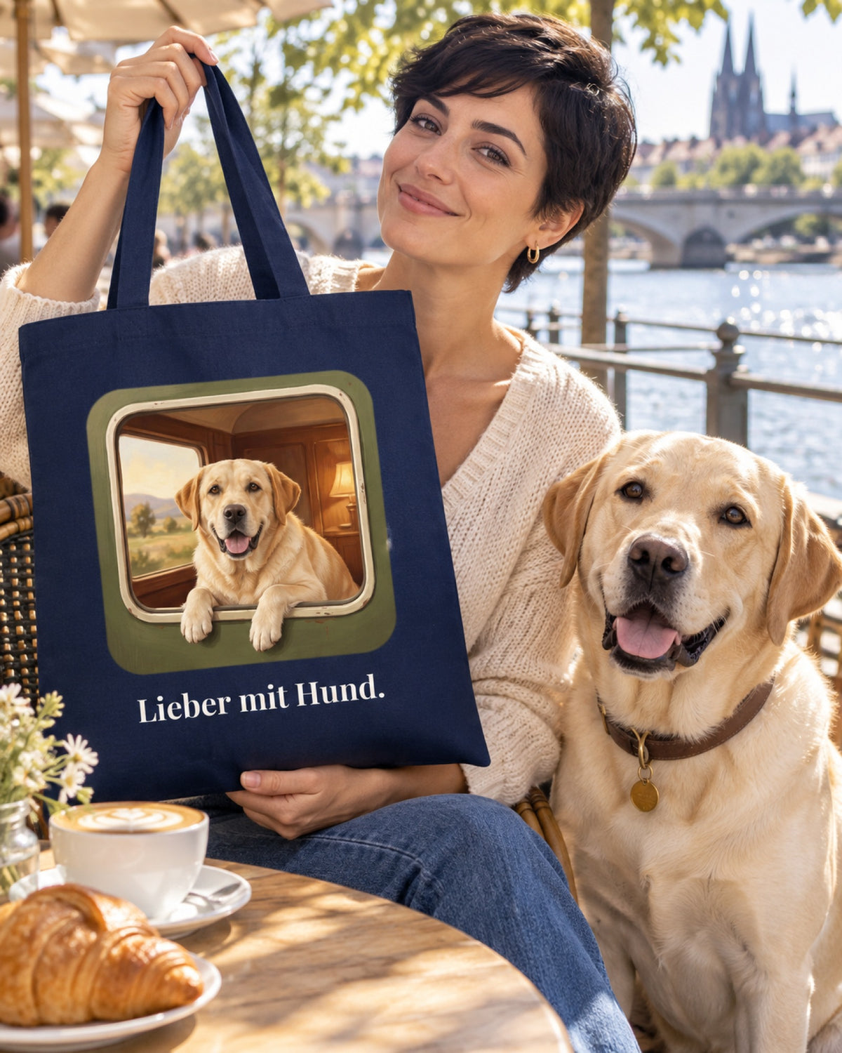 Marineblaue Stofftasche Lieber mit Hund mit Labrador im Zugfenster, Frau mit ihrem Labrador im Café am Fluss