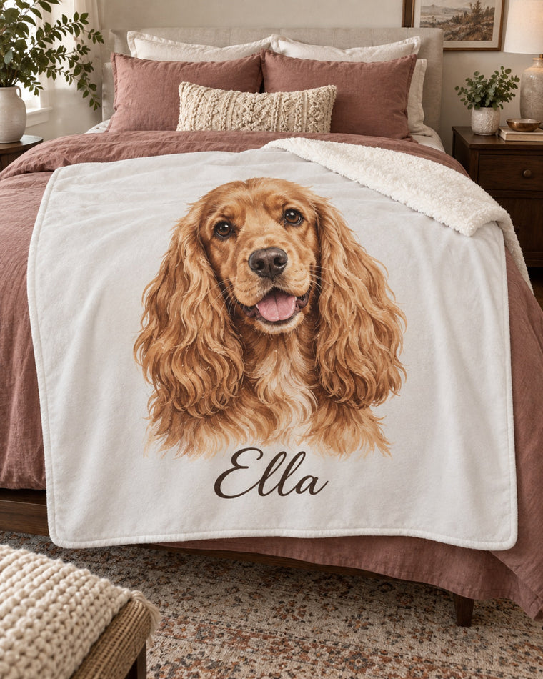 Sherpa-Decke mit Cocker Spaniel und Namen Ella auf dem Bett