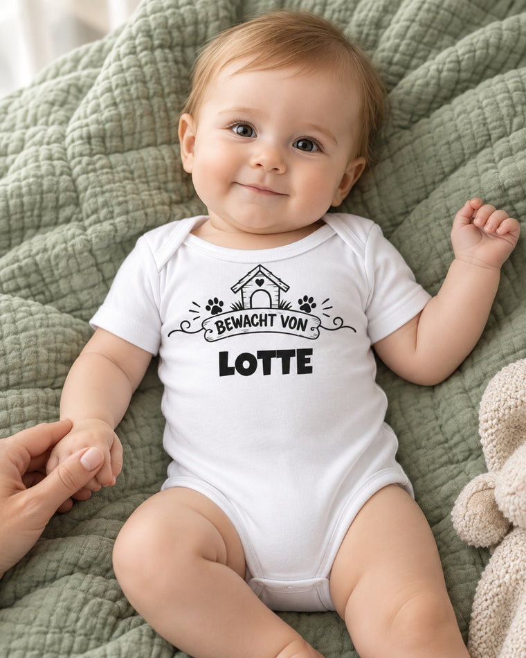 Weißer Babybody mit Aufdruck Bewacht von und dem Namen Lotte, das lachende Baby liegt auf einer salbeigrünen Steppdecke
