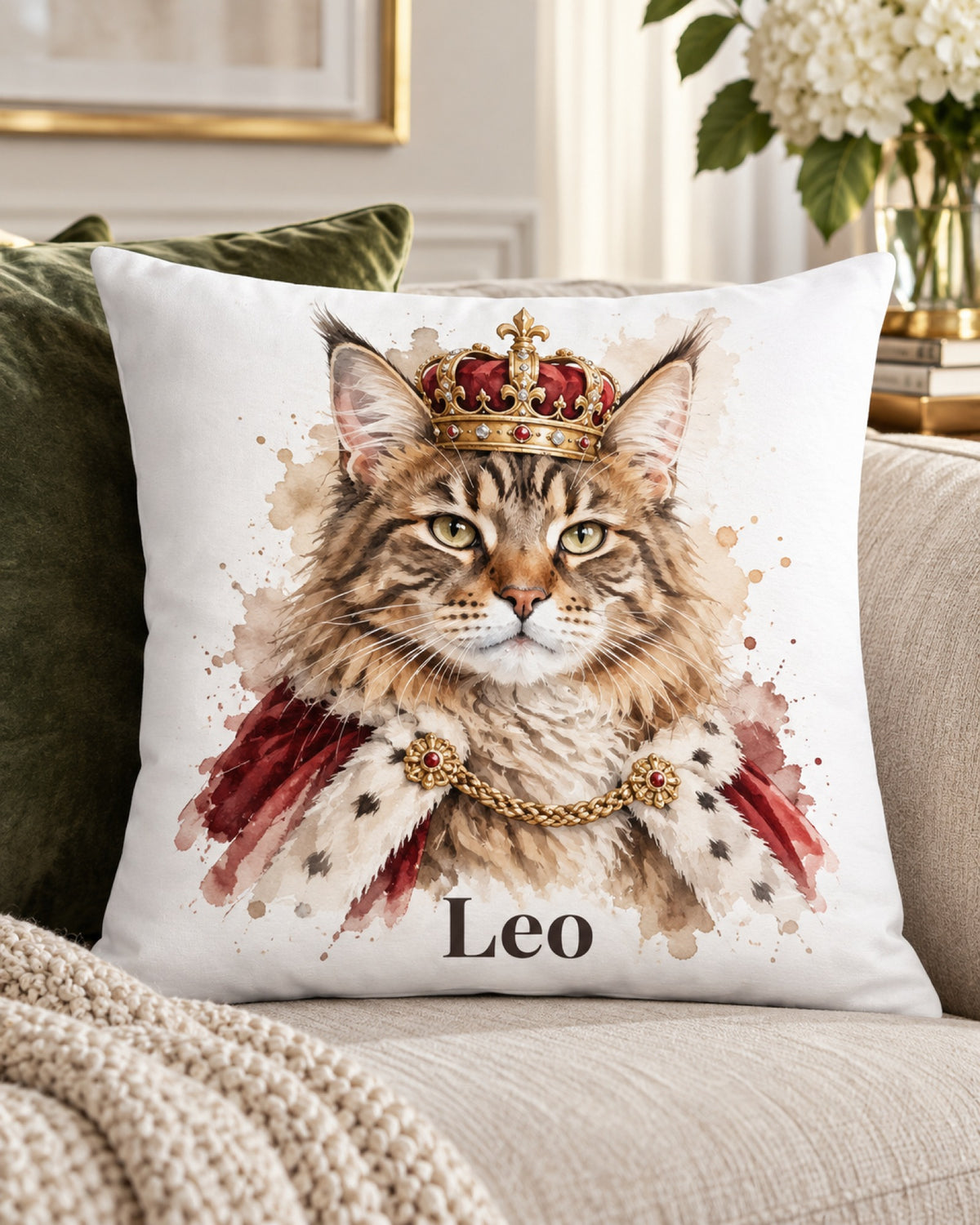 Kissen mit Maine Coon im Royal-Stil mit Krone und Namen Leo, das Kissen liegt auf einem hellen Sofa