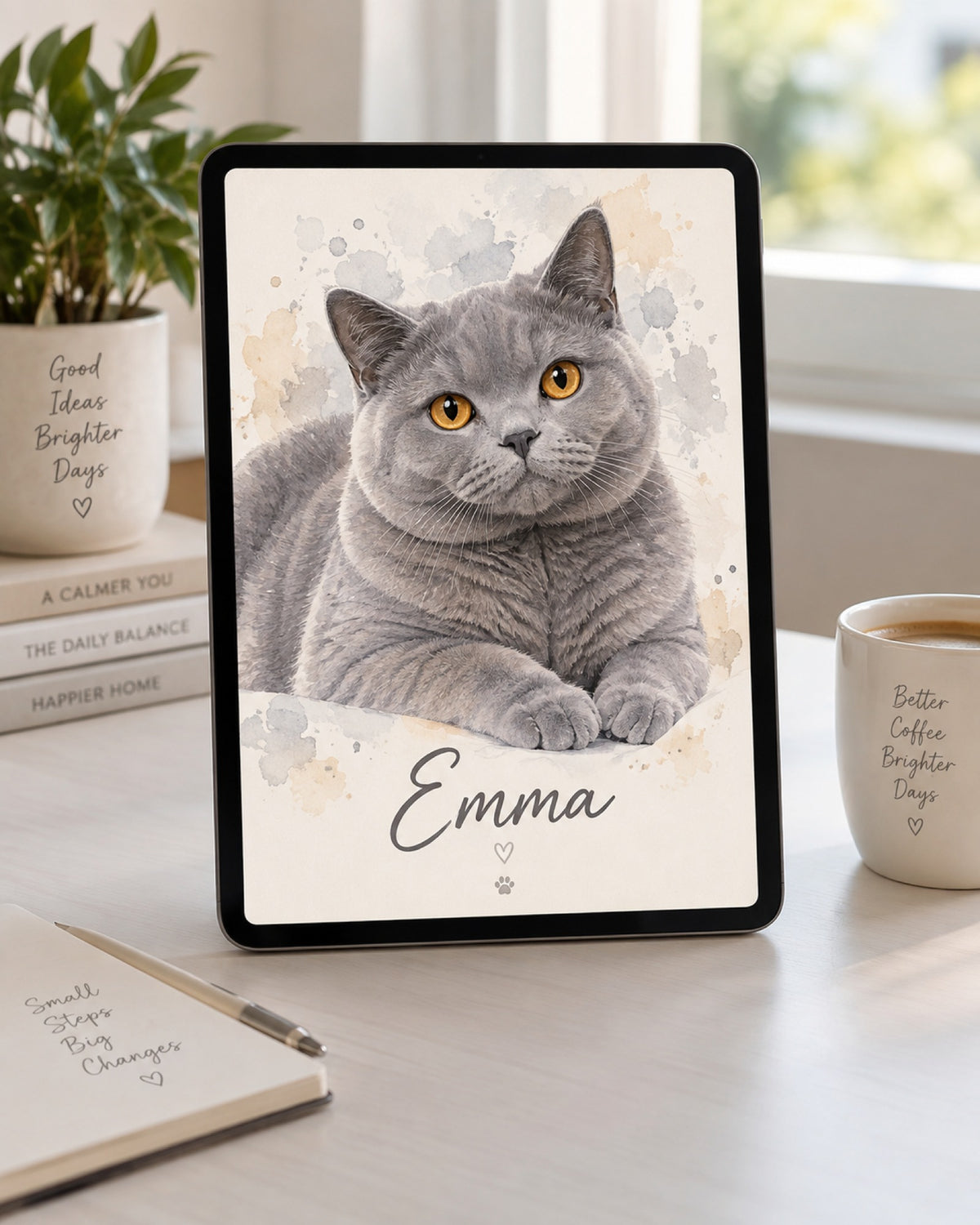 Tablet am Fenster zeigt das digitale Portrait der Britisch-Kurzhaar-Katze Emma im Aquarell-Stil neben einer Tasse