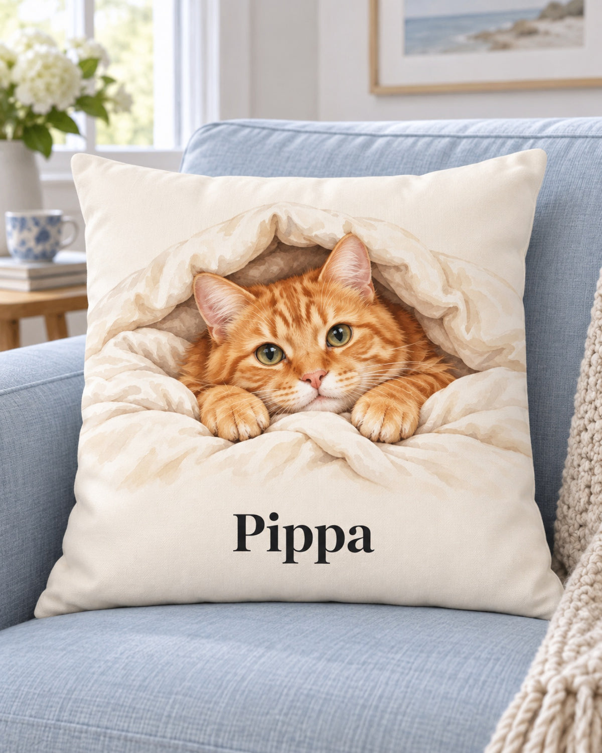 Kissen mit roter Katze unter einer Strickdecke und Namen Pippa, auf einem hellblauen Sessel im Wohnzimmer