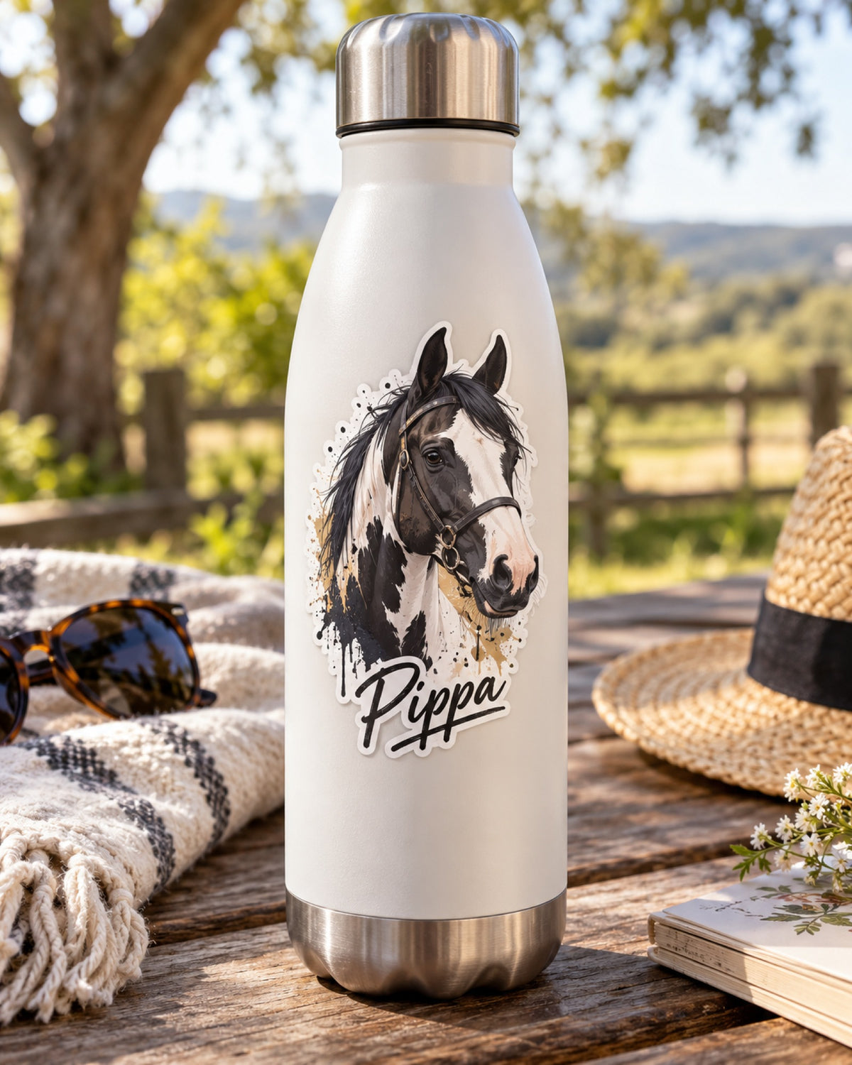 Sticker mit Schecke im Street-Art-Stil und Namen Pippa auf einer Trinkflasche