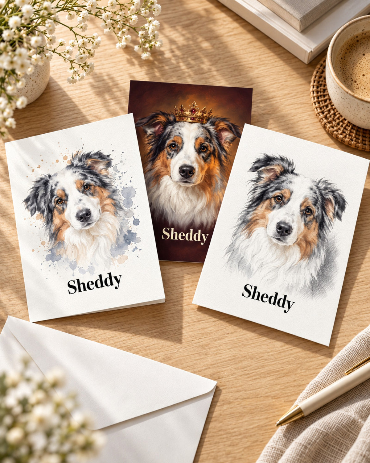 Postkarten mit Australian Shepherd Sheddy in drei Stilen auf dem Tisch