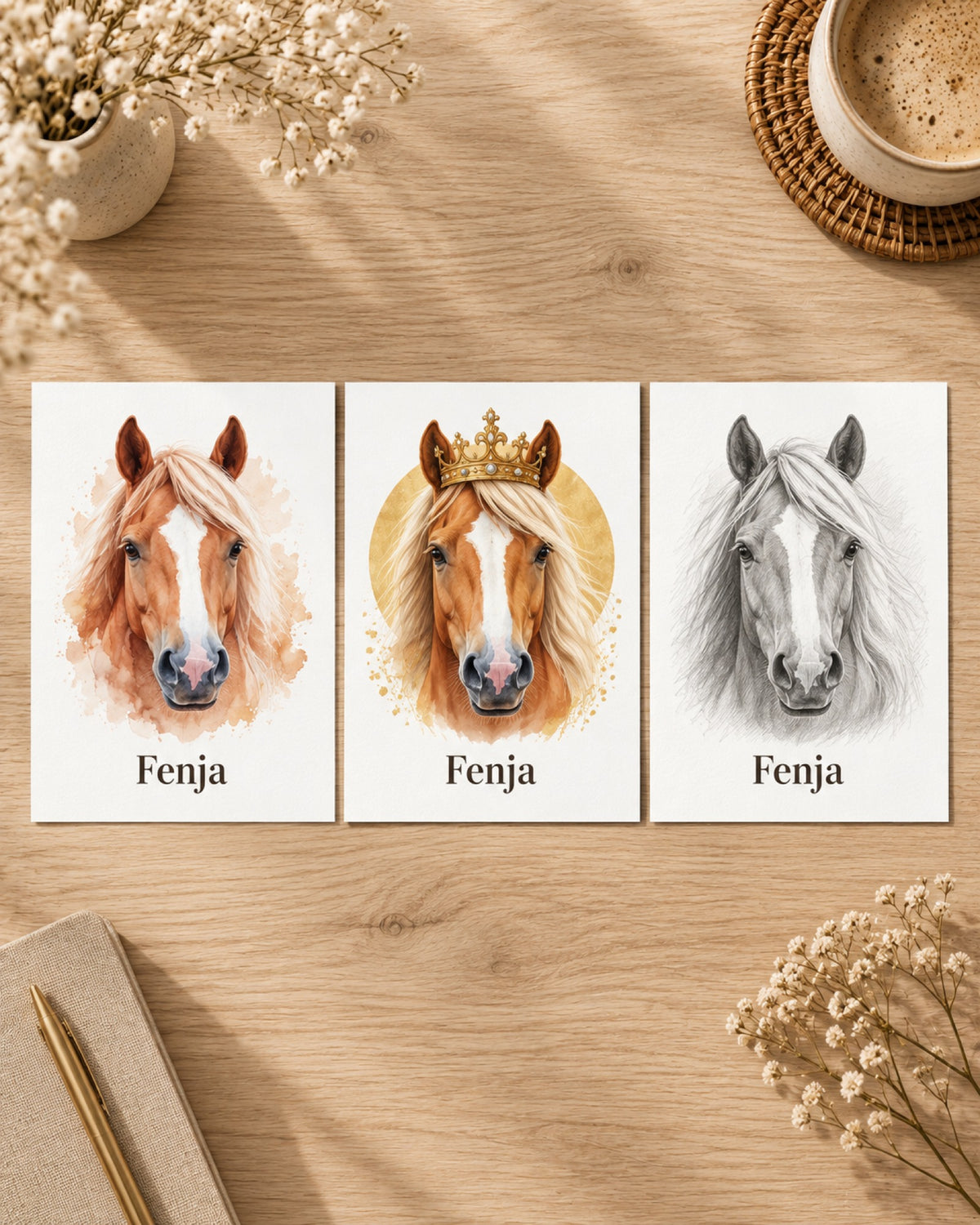 Drei Postkarten mit Haflinger Fenja in Aquarell, Royal und Sketch flach nebeneinander auf dem Holztisch