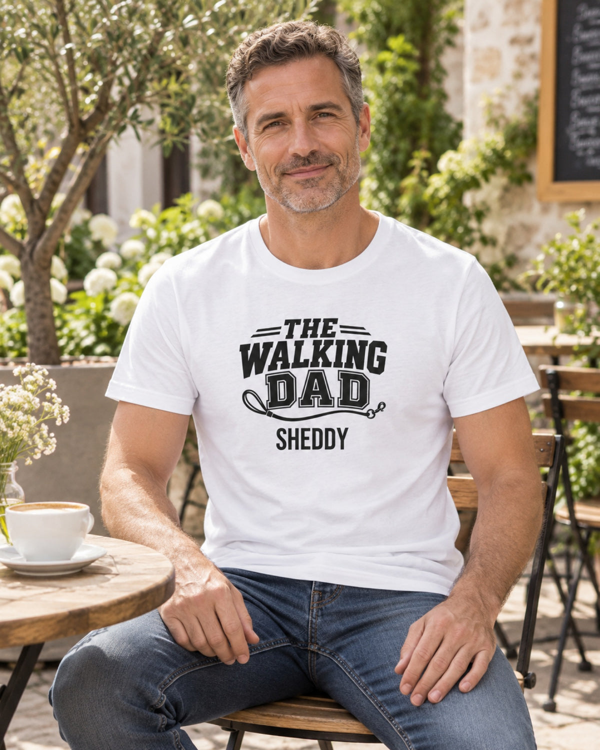 Mann im weißen T-Shirt „The Walking Dad“ mit Hundenamen im Café