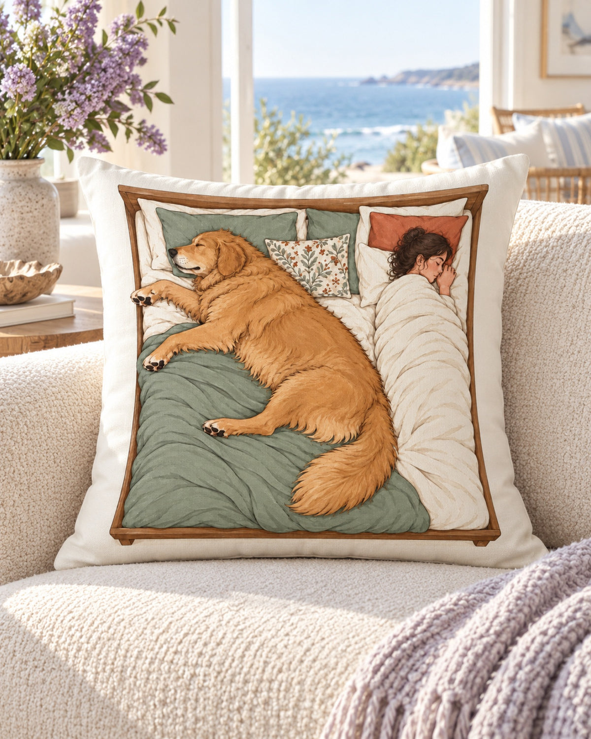 Kissen Platzverteilung auf dem hellen Sofa mit Meerblick