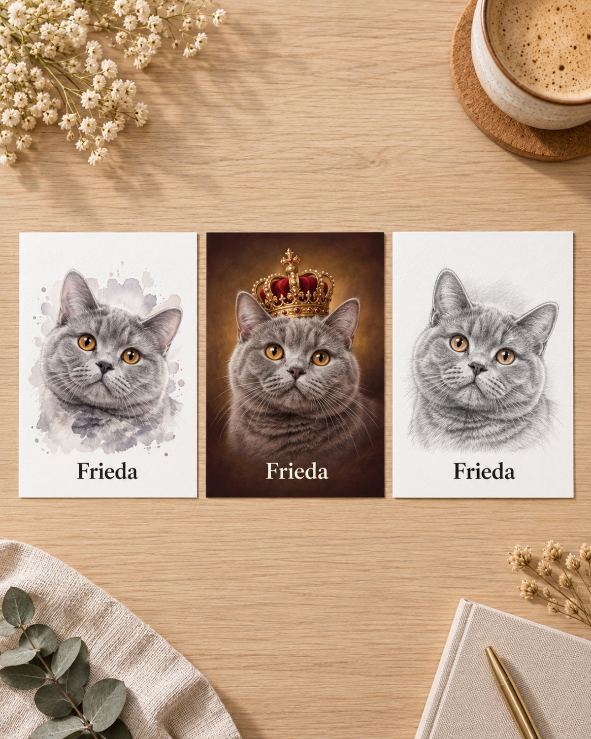 Drei Postkarten mit Britisch-Kurzhaar-Katze Frieda in Aquarell, Royal und Sketch flach auf dem Holztisch