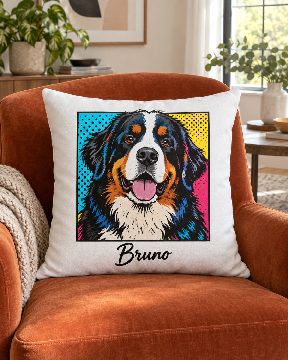 Kissen mit Berner Sennenhund im Pop-Art-Stil und Namen Bruno im Sessel