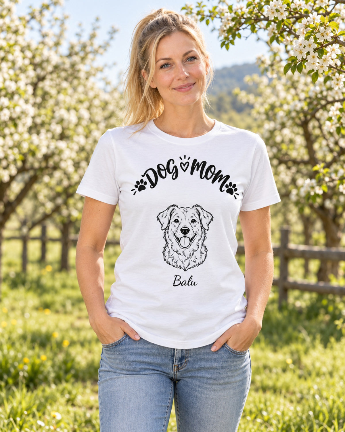 Frau im weißen T-Shirt „Dog Mom“ mit Hundezeichnung und Namen im Garten