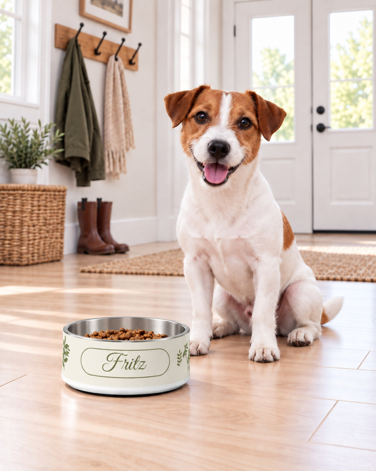 Jack Russell im hellen Flur neben cremeweiß bedrucktem Napf mit Blättern in Olivgrün und dem Namen Fritz