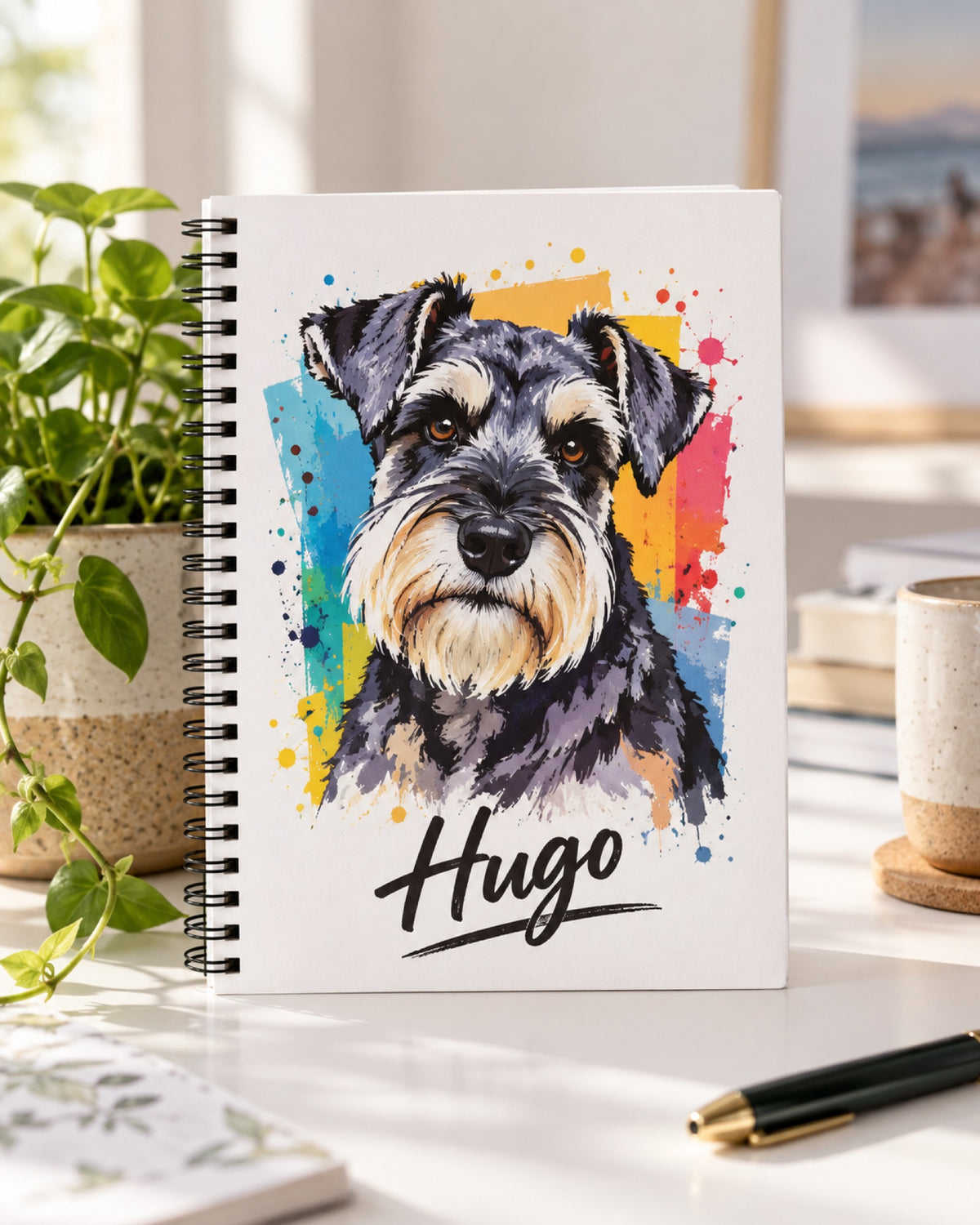 Notizbuch mit Zwergschnauzer im Street-Art-Stil und Namen Hugo