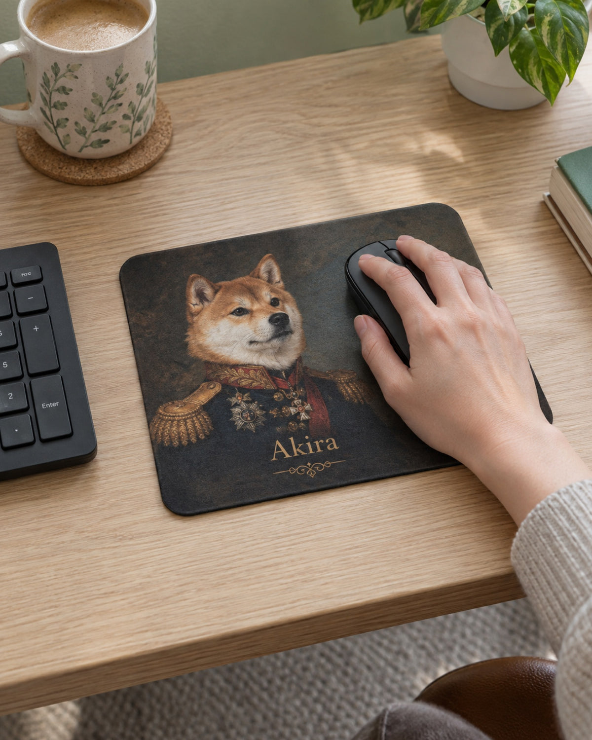 Mauspad mit Shiba Inu im Royal-Stil und Namen Akira am Schreibtisch