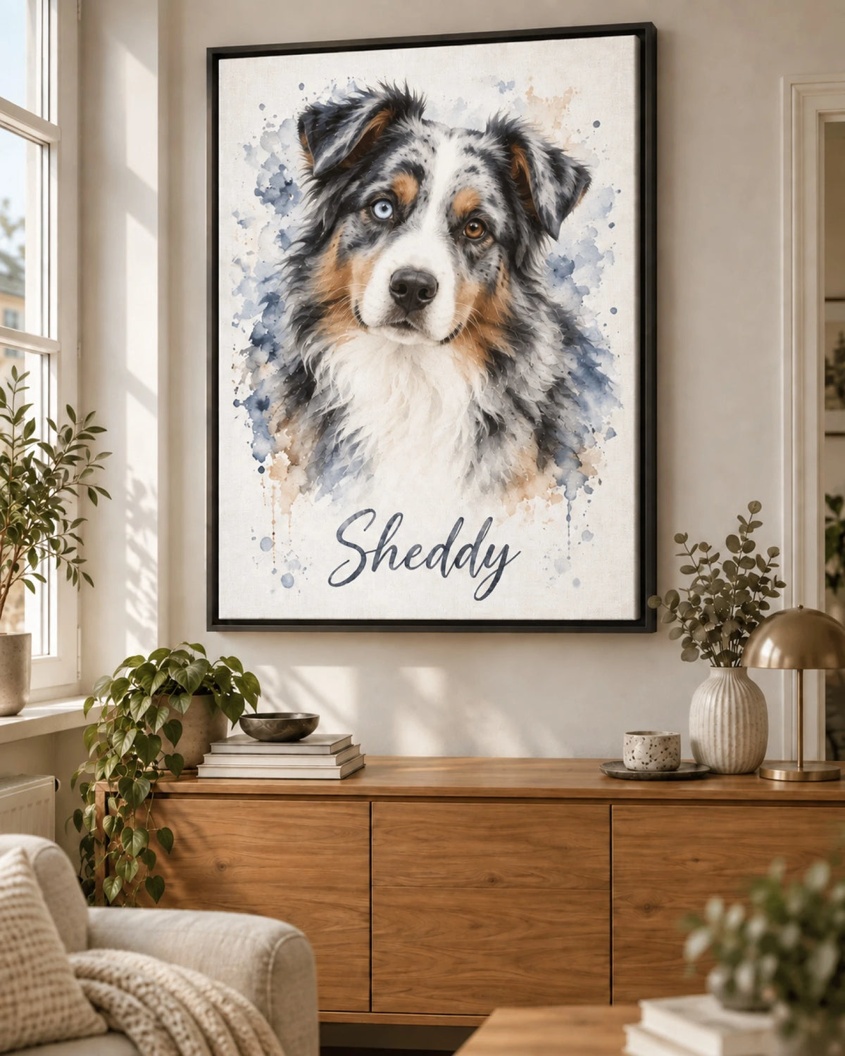 Personalized dog portrait on framed canvas