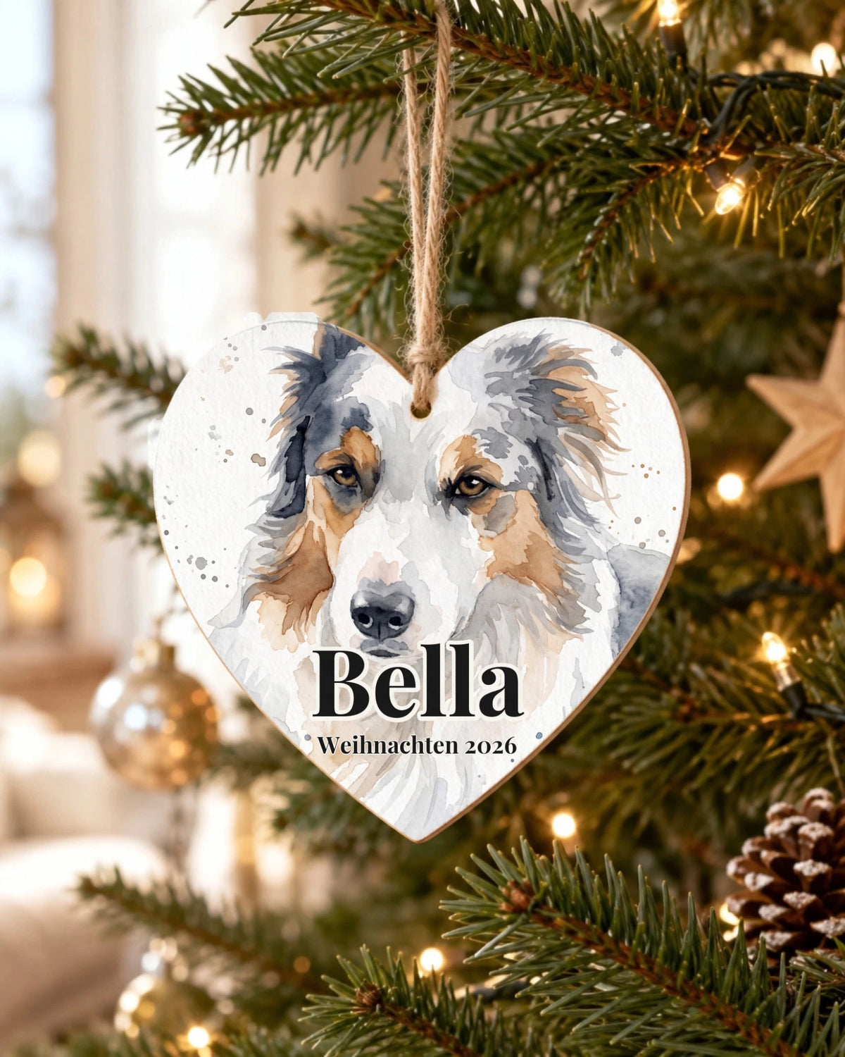 Herz-Baumschmuck mit Hundeportrait und Namen am Weihnachtsbaum
