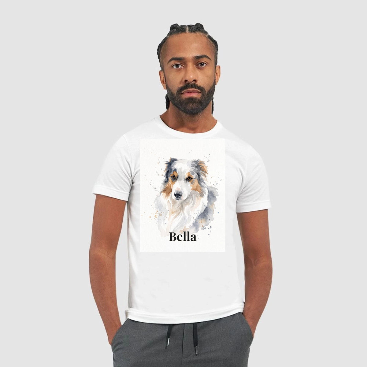T-Shirt in Weiß mit Hundeportrait und Namen