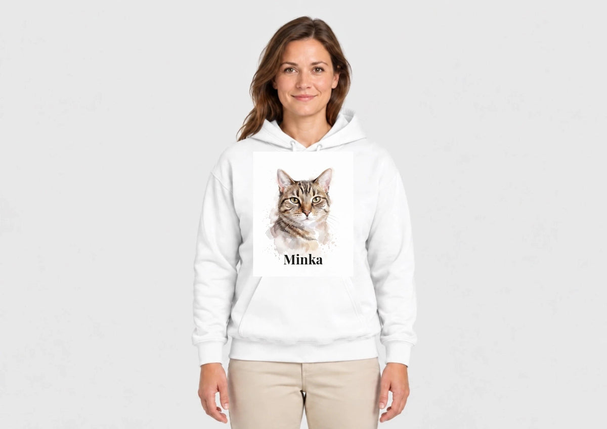 Hoodie in Weiß mit Katzenportrait und Namen