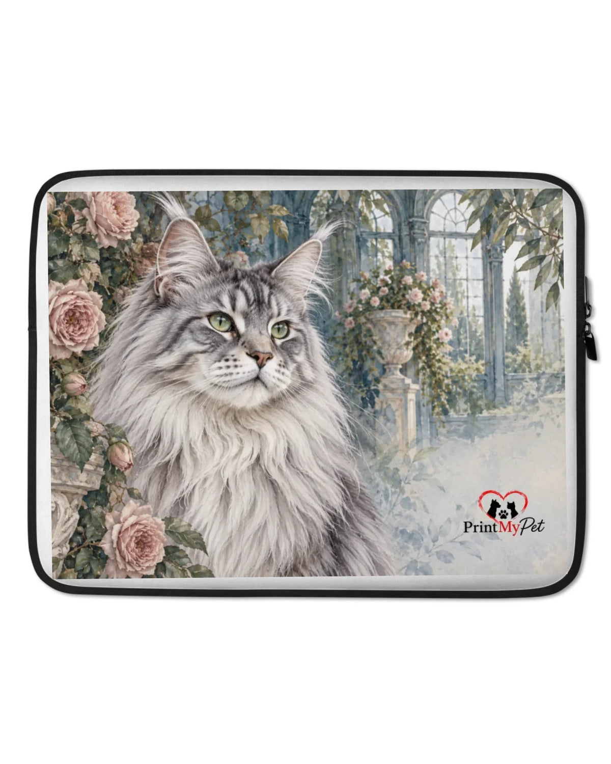 Laptophülle mit Maine-Coon-Katze im Aquarell-Stil, Vorderansicht