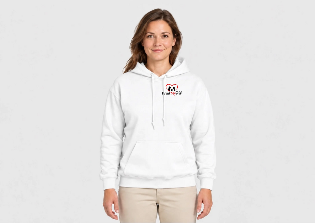 PrintMyPet Edition Hoodie in Weiß mit schwarz-rotem Logo auf der Brust