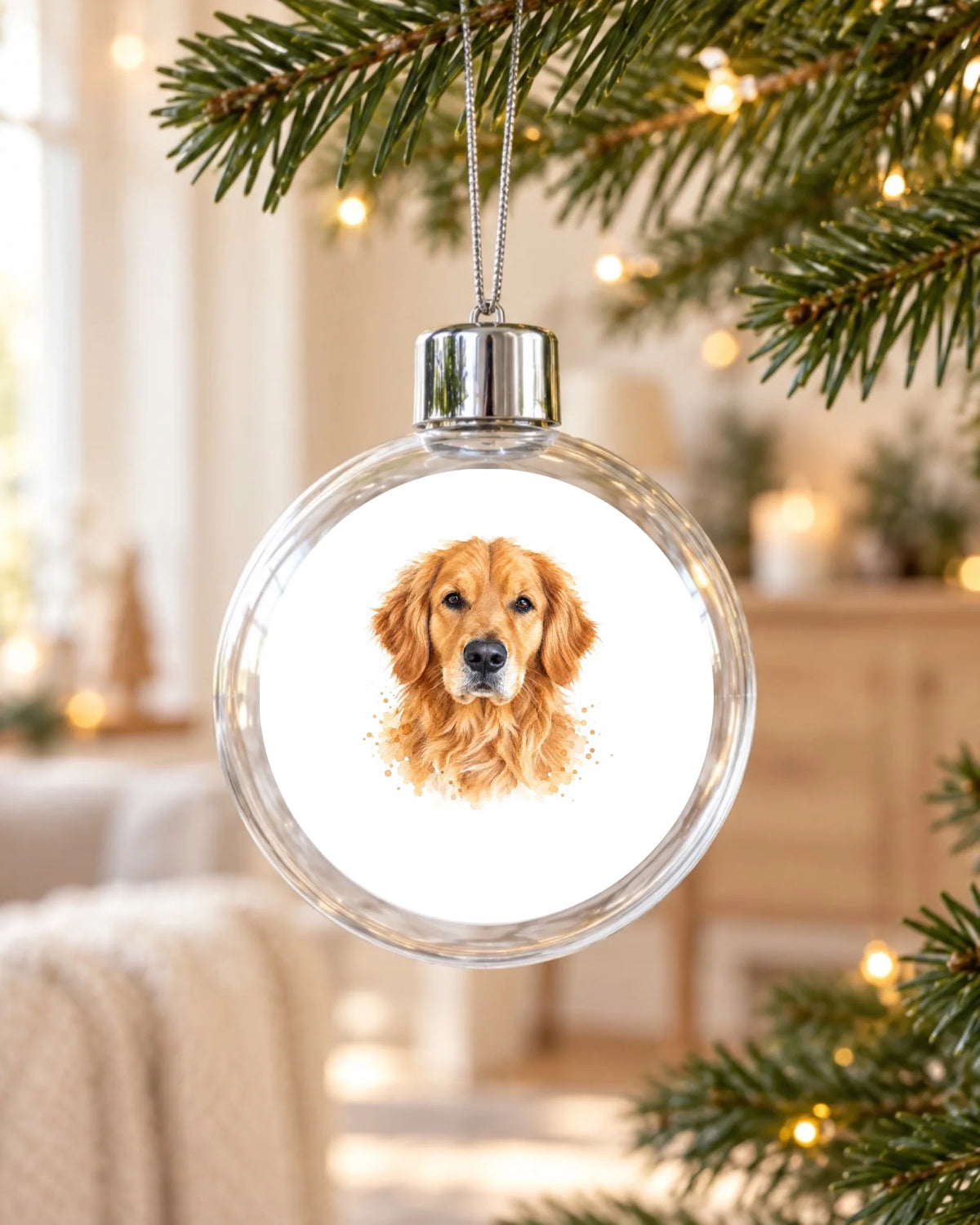 Personalisierte Christbaumkugel mit einem Tierporträt im Aquarellstil am Weihnachtsbaum