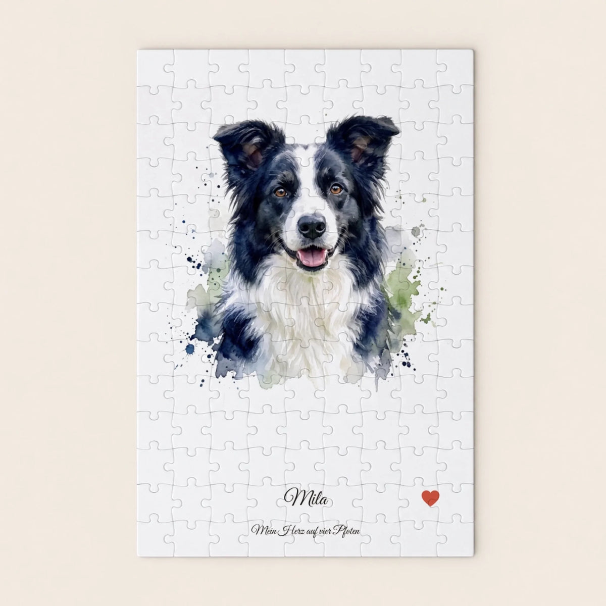 Personalisiertes Hunde-Puzzle im Hochformat – Mila im Blütengarten mit Schreibschrift und Herz
