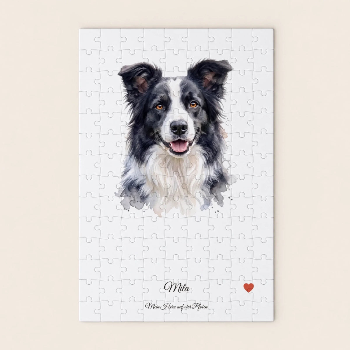 Hunde-Puzzle mit freigestelltem Aquarell-Porträt, Namen und Herz