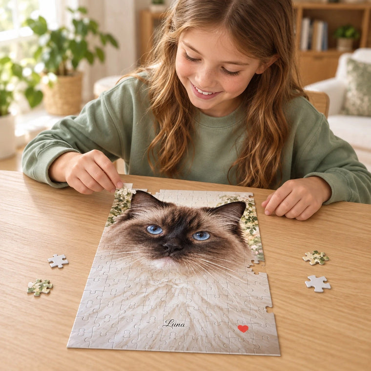 Katzen-Puzzle Luna mit sanftem Wolkenhimmel, feiner Schreibschrift und Herz