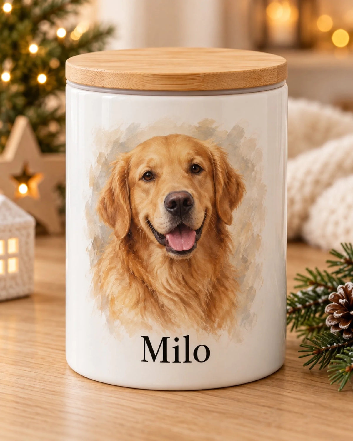 Leckerlidose mit Golden Retriever Milo im Ölgemäldestil