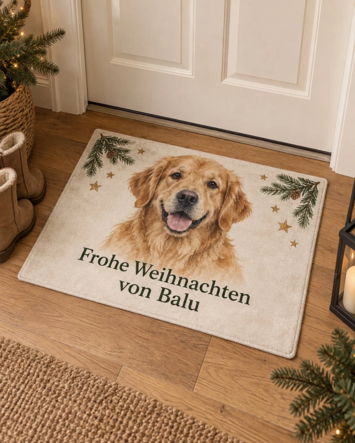 Weihnachtsfußmatte mit deinem Hund und Namen mit Golden Retriever und Namen Balu im Aquarell-Stil