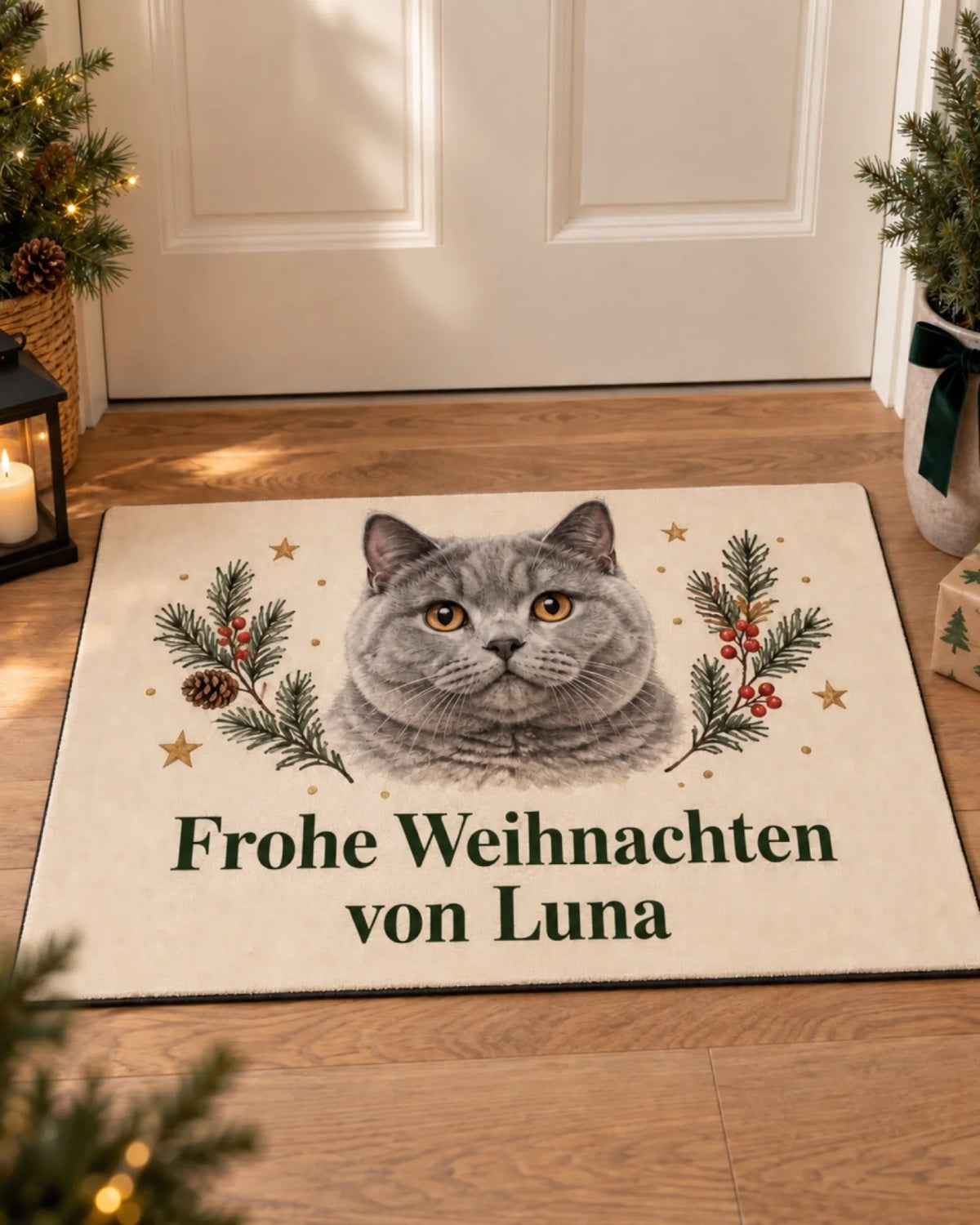 Weihnachtsfußmatte mit deiner Katze und Namen mit Britisch Kurzhaar und Namen Luna im Aquarell-Stil