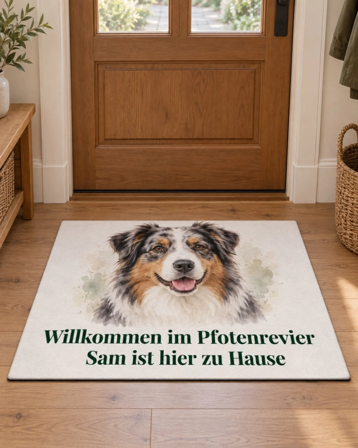 Personalisierte Fußmatte: Willkommen im Pfotenrevier mit Australian Shepherd und Namen Sam im Aquarell-Stil