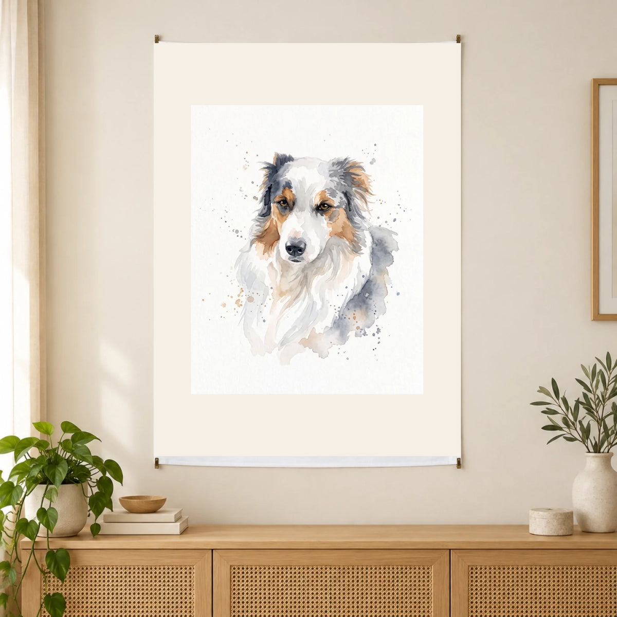 Personalisierter Wandteppich mit Tierportrait im Wohnzimmer